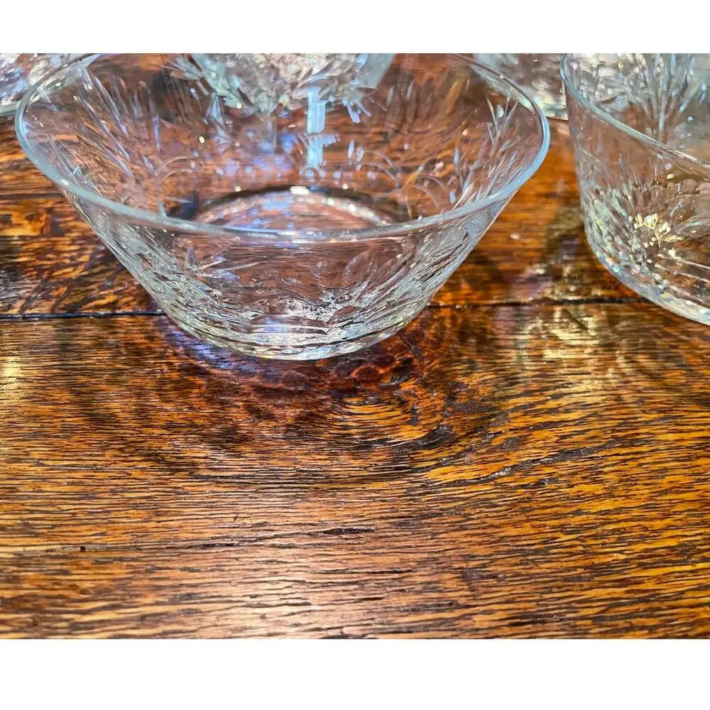 Vintage Etched Glass Small Dessert Bowls / Berry Bowls, Floral Set of 11